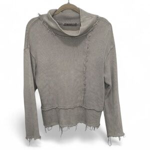 Beau Jours Gray Frayed Hems Cowl Neck Boho Sweater